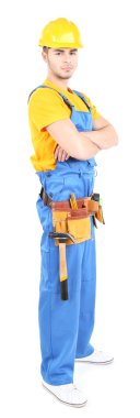 erkek üzerinde beyaz izole sarı kask oluşturucu