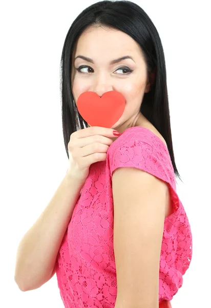 Atractiva joven con corazón aislado en blanco — Foto de Stock