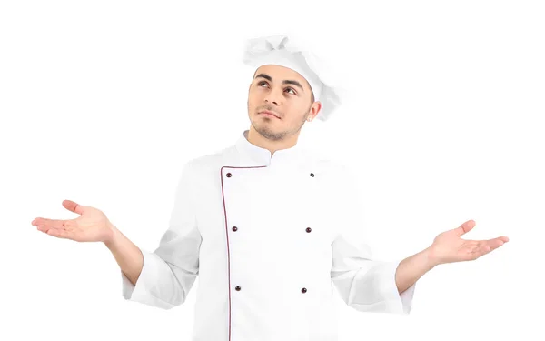 Professional chef in white uniform and hat, isolated on white — Stock Photo, Image