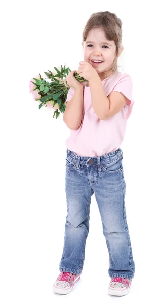 Pretty little girl holding bouquet isolated on white — Stock Photo, Image