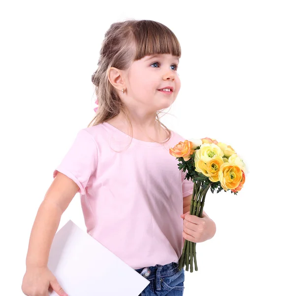 Pretty little girl holding bouquet and postal isolated on white — Stock Photo, Image