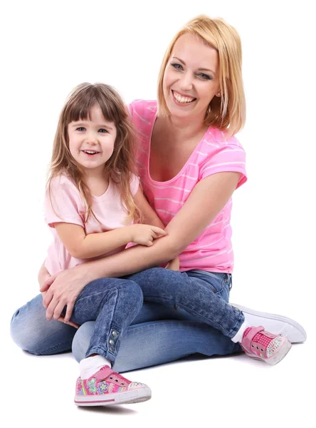 Pretty little girl with mother isolated on white — Stock Photo, Image