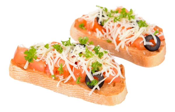 Delicious bruschetta with tomatoes isolated on white — Stock Photo, Image