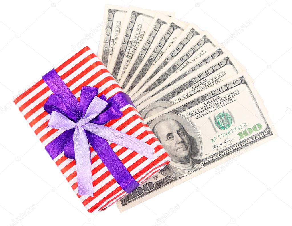Gift box with money isolated on white