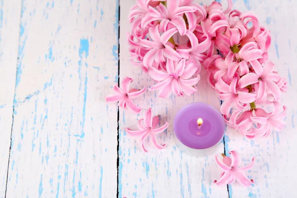 Jacinto rosa con vela sobre fondo de madera —  Fotos de Stock