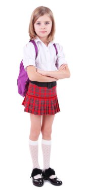 güzel küçük bir kız ile üzerine beyaz izole sırt çantası