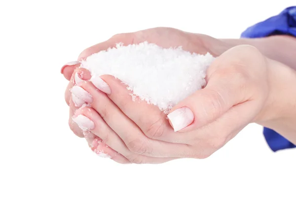 Mooie handen met sneeuw geïsoleerd op wit — Stockfoto