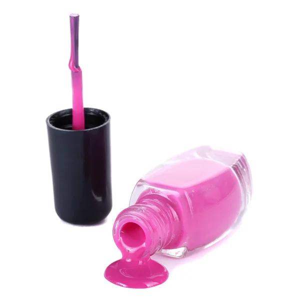 Offene Flasche mit rosa Nagellack und Pinsel isoliert auf weiß — Stockfoto