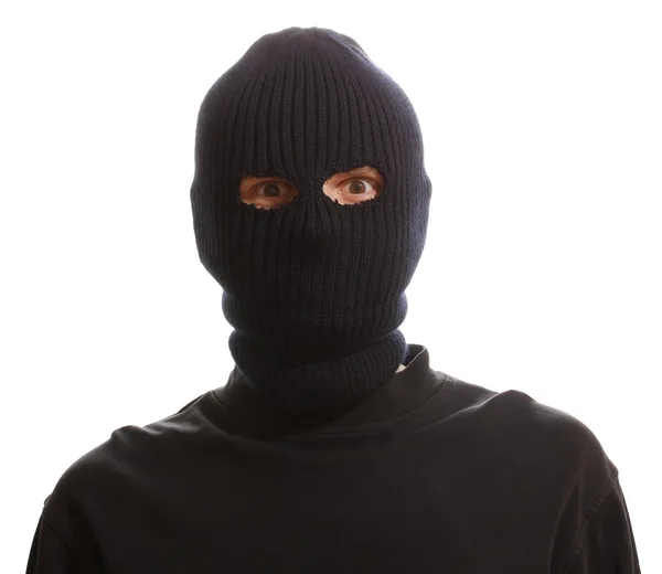 Бандит в чорній масці ізольований на білому — стокове фото