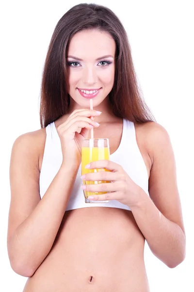 Menina bonita com suco fresco isolado no branco — Fotografia de Stock