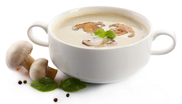 Zuppa di funghi in ciotola bianca, su piatto, isolata su bianco — Foto Stock