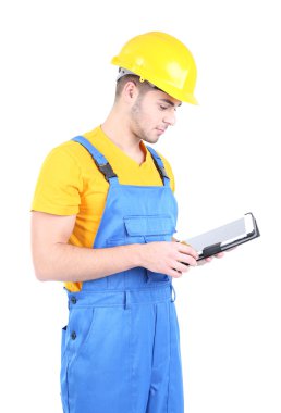 erkek üzerinde beyaz izole sarı kask oluşturucu