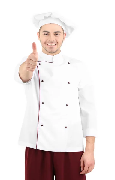 Chef profissional em uniforme branco e chapéu, isolado em branco — Fotografia de Stock