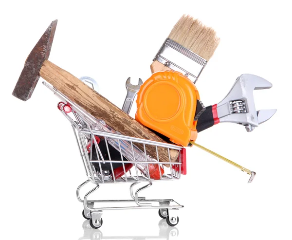 Construction tools in shopping cart isolated on white — Stock Photo, Image