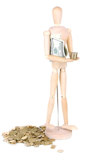 Wooden small mannequin with money isolated on white — Stock Photo, Image