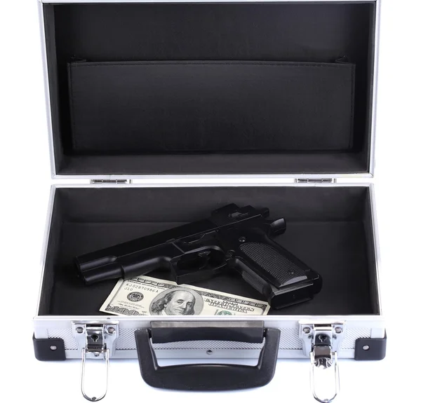 Case with money and gun, isolated on white — Stock Photo, Image