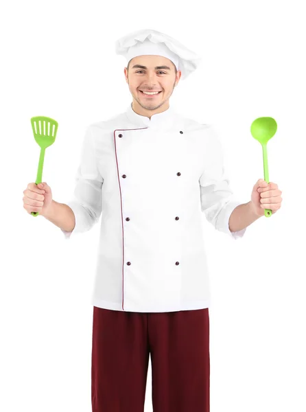 Professional chef in white uniform and hat, isolated on white — Stock Photo, Image