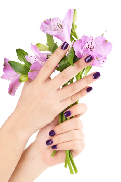 Beautiful woman hands with flowers isolated on white — Stock Photo, Image