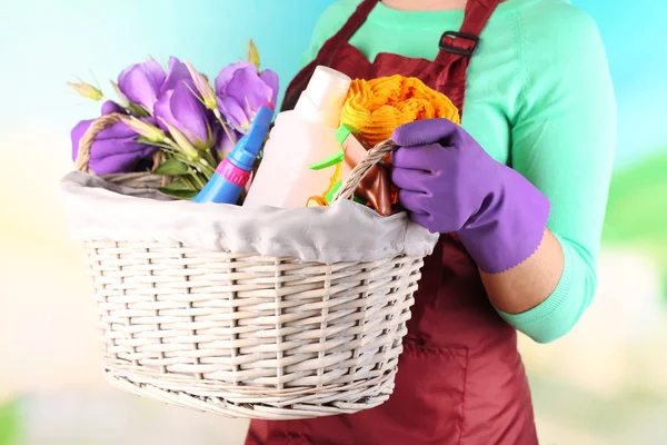 Housewife holding basket with cleaning equipment on bright background. Conceptual photo of spring cleaning. — Stock Photo, Image