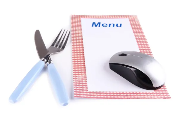 Computer mouse with menu and cutlery isolated on white — Stock Photo, Image