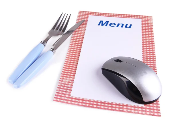 Ratón de ordenador con menú y cubiertos aislados en blanco — Foto de Stock