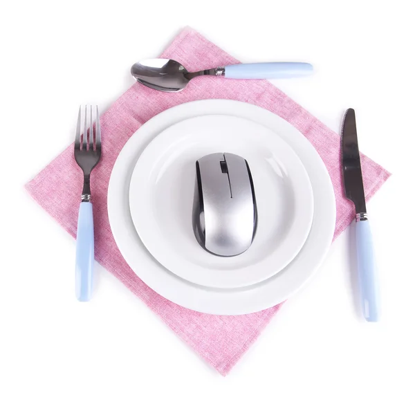 Computer mouse on plate with fork and knife isolated on white — Stock Photo, Image