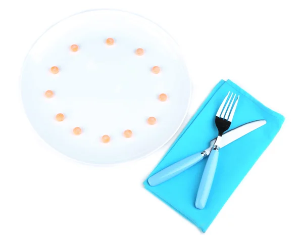 Horario de medicación y comidas. Foto conceptual. Aislado sobre blanco — Foto de Stock