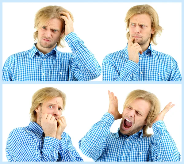 Collage van knappe emotionele man geïsoleerd op wit — Stockfoto