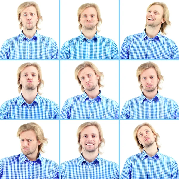 Collage de apuesto hombre emocional aislado en blanco —  Fotos de Stock