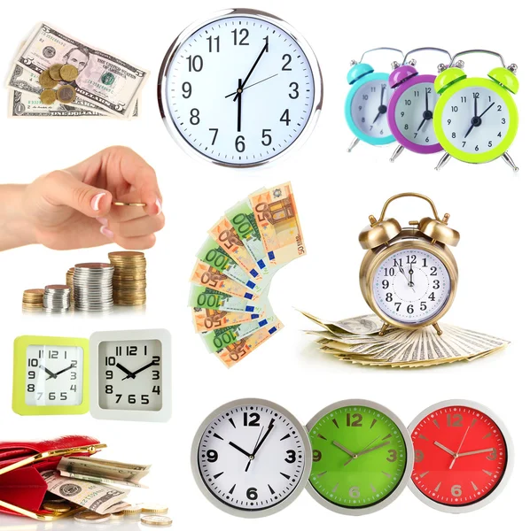 Collage de relojes y dinero aislado en blanco — Foto de Stock