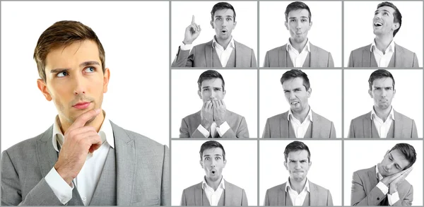 Collage di bell'uomo emotivo isolato su bianco — Foto Stock