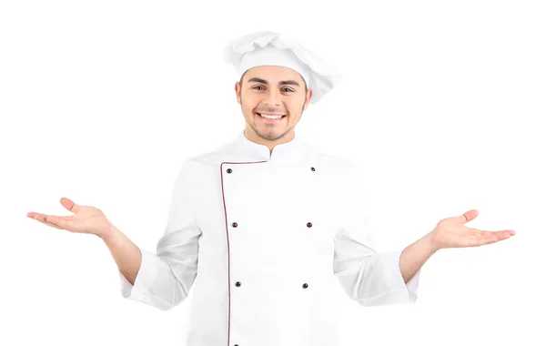 Cuoco professionista in uniforme bianca e cappello, isolato su bianco — Foto Stock