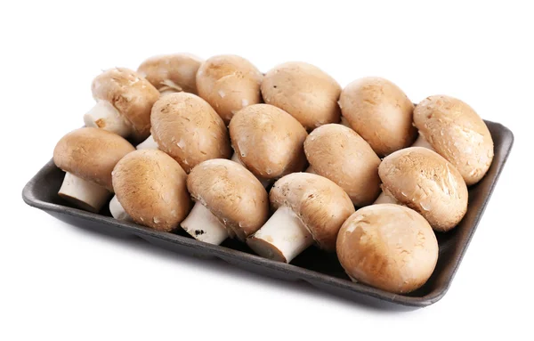Funghi freschi su vassoio, isolati su bianco — Foto Stock