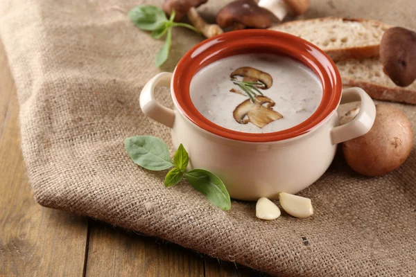 Houbová polévka v hrnci, na dřevěné pozadí — Stock fotografie
