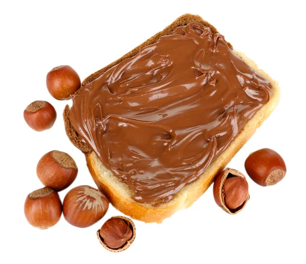 Bread with sweet chocolate hazelnut spread isolated on white — Stock Photo, Image