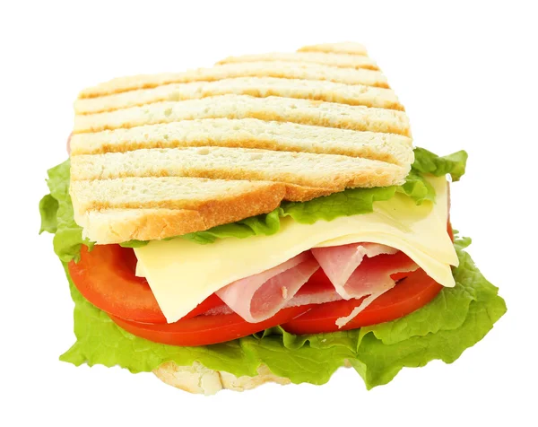 Leckeres Sandwich mit Schinken, isoliert auf weiß — Stockfoto