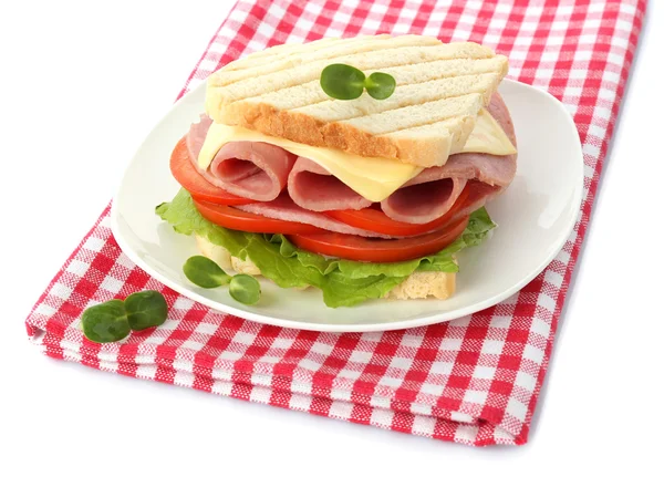 Gustoso panino con prosciutto, isolato su bianco — Foto Stock