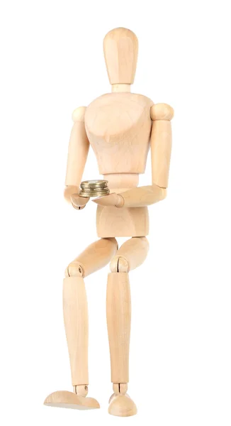 Wooden small mannequin with money isolated on white — Stock Photo, Image