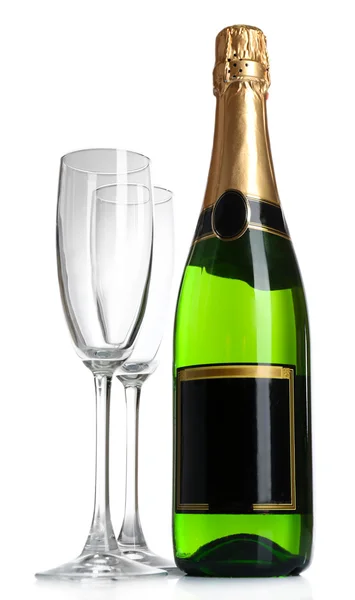 Flasche Champagner und leere Gläser, isoliert auf weiß — Stockfoto