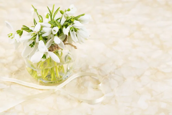 Krásnou kytici sněženky v váza na staré papírové pozadí — Stock fotografie