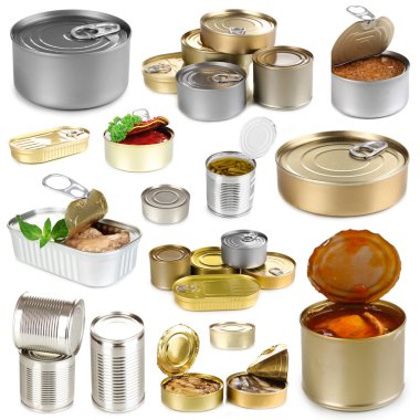 Collage of tin cans with food isolated on white clipart