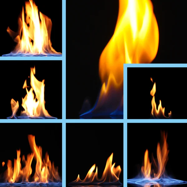 A tűz, a fekete háttér kollázs — Stock Fotó