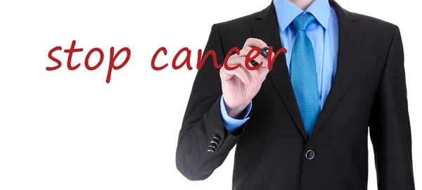 Man writing Stop cancer on transparent board — Stock Photo, Image