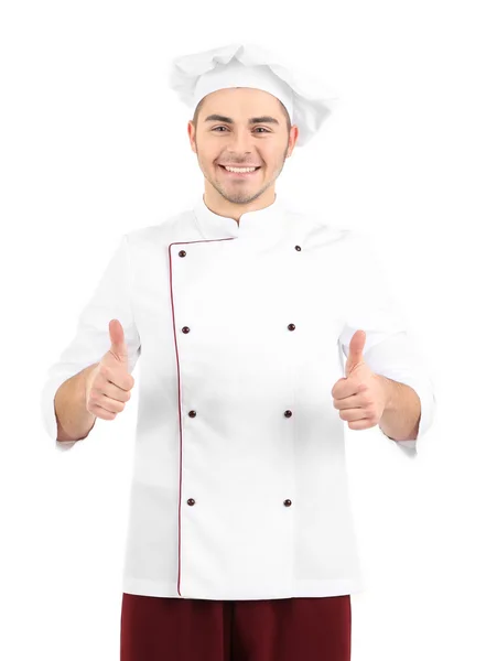 Professionele chef-kok in het witte uniform en hoed, geïsoleerd op wit — Stockfoto