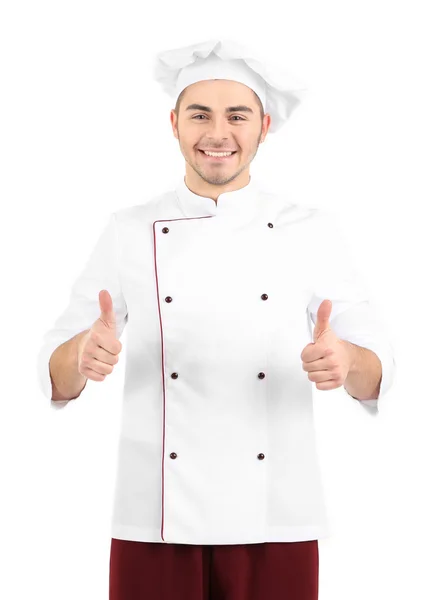 Chef profesional en uniforme blanco y sombrero, aislado en blanco — Foto de Stock