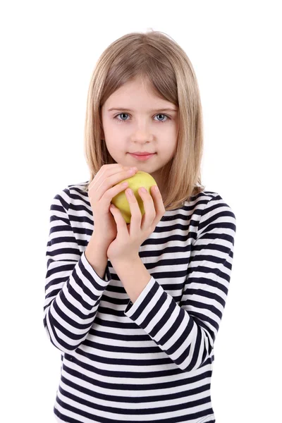Krásná holčička drží jablko izolovaných na bílém — Stock fotografie