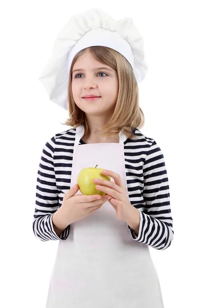 Beautiful little girl holding apple isolated on white — Stock Photo, Image