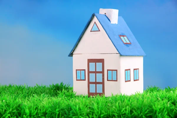 Little house on green grass, on bright background — Stock Photo, Image