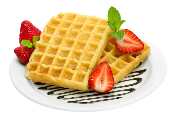 Belgium waffles with strawberries and mint on plate isolated on white — Stock Photo, Image