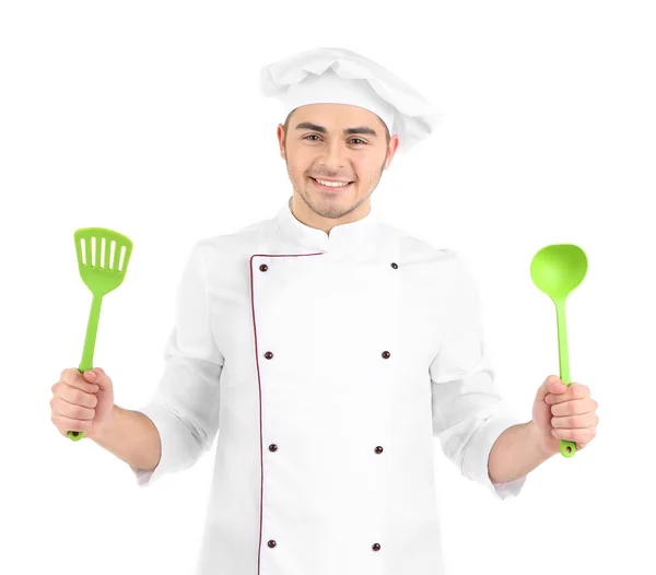 在白色的制服和帽子，孤立的白色衬底上专业厨师 — 图库照片